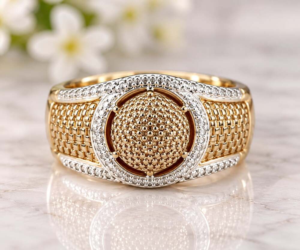 Two-Tone Textured Diamond Accent Statement Ring
